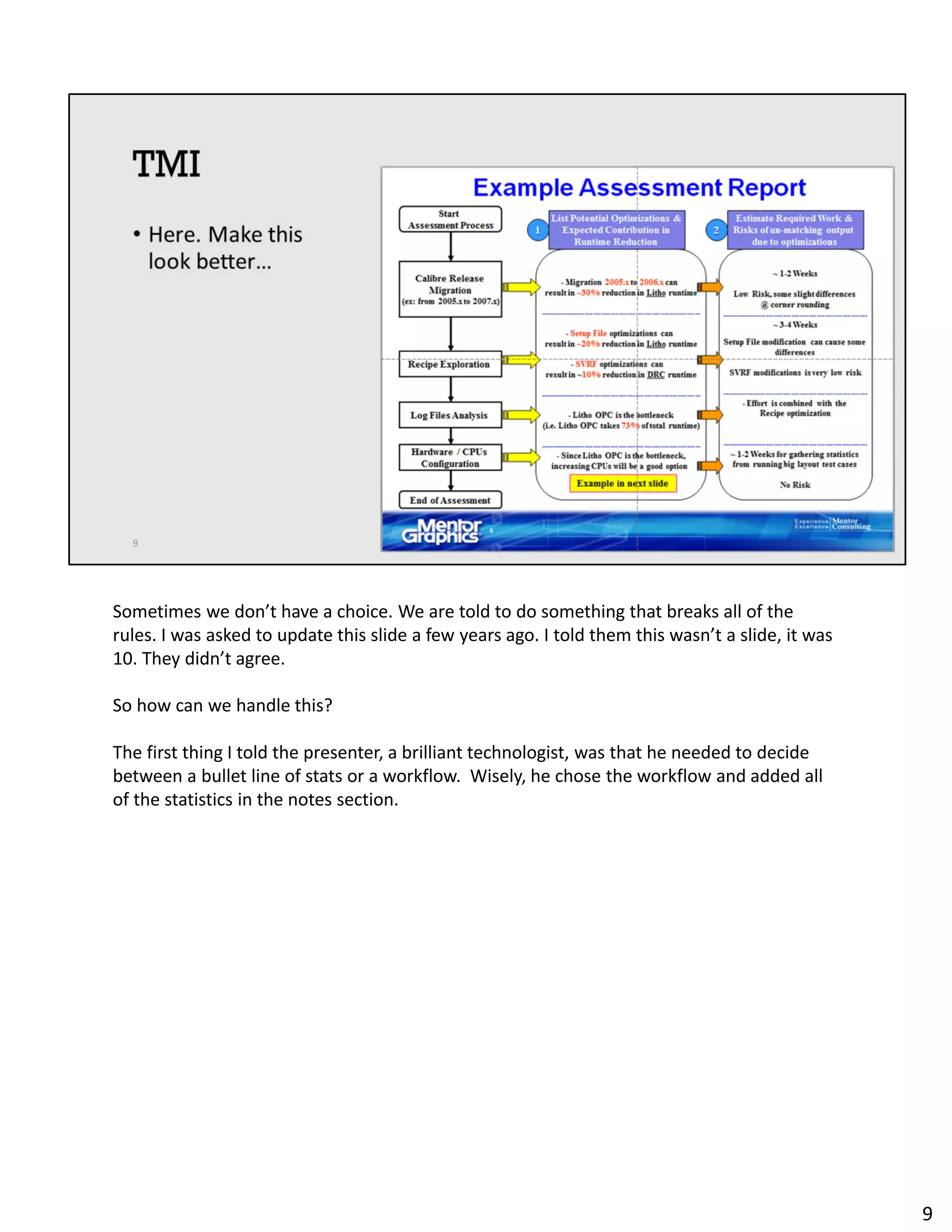Sometimes we don’t have a choice. We are told to do something that breaks all of the
rules. I was asked to update this slide a few years ago. I told them this wasn’t a slide, it was
10. They didn’t agree.
So how can we handle this?
The first thing I told the presenter, a brilliant technologist, was that he needed to decide
between a bullet line of stats or a workflow. Wisely, he chose the workflow and added all
of the statistics in the notes section.
9
 