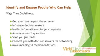 Identify and Engage People Who Can Help
Ways They Could Help:
 Get your resume past the screener
 Influence decision makers
 Insider information on target companies
 Answer research questions
 Send you job leads
 Connect you with decision makers for networking
 Make meaningful recommendations
 