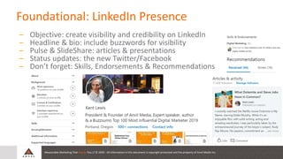 Measurable Marketing That Moves You // © 2020 - All information in this document is copyright protected and the property of Anvil Media Inc.
Foundational: LinkedIn Presence
– Objective: create visibility and credibility on LinkedIn
– Headline & bio: include buzzwords for visibility
– Pulse & SlideShare: articles & presentations
– Status updates: the new Twitter/Facebook
– Don’t forget: Skills, Endorsements & Recommendations
 