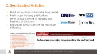Measurable Marketing That Moves You // © 2020 - All information in this document is copyright protected and the property of Anvil Media Inc.
2. Syndicated Articles
8
– Build sample library (LinkedIn, blog posts)
– Pitch target industry publications
– Offer unique content to industry and
business publications
– Repurpose similar content for maximum
efficiency
 