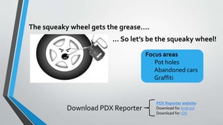 The squeaky wheel gets the grease….
… So let’s be the squeaky wheel!
PDX Reporter website
Download for Android
Download for iOS
Focus areas
Pot holes
Abandoned cars
Graffiti
Download PDX Reporter
 