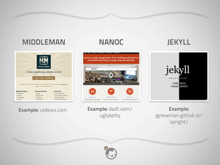 MIDDLEMAN                 NANOC                JEKYLL




Example: cedexis.com   Example: dadt.com/        Example:
                           uglybetty        jgnewman.github.io/
                                                 spright/
 