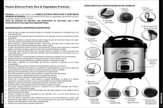 CARACTERÍSTICAS E ESPECIFICAÇÕES DE SEU APARELHO
    Panela Elétrica Pratic Rice & Vegetables Premium                                                                                                                   4. Tampa
                                                                                                                                                1. Válvula
                                                                                                                                                   de Vapor               Basculante

    Parabéns, agora você possui uma PANELA ELÉTRICA PRATIC RICE & VEGETABLES
    PREMIUM DA MONDIAL com alto padrão de eficiência e qualidade, garantindo sucesso                    3. Alça de
    no preparo de deliciosas receitas.                                                                     Tampa
    Antes da utilização do aparelho, leia atentamente as instruções, pois o bom                                             15. Bandeja
    funcionamento e a sua segurança dependem delas.                                                     2. Botão de             para Vapor
                                                                                                           Travamento
                                                                                                                                                                       8. Reservatório de
    RECOMENDAÇÕES E ADVERTÊNCIAS IMPORTANTES                                                                                                                              Água da Tampa

    • Antes de ligar o plugue na tomada verifique se a voltagem do aparelho é compatível com a da
      rede elétrica local.
    • Este aparelho foi produzido para fins domésticos, sua utilização comercial acarretará na perda
      da garantia.                                                                                      5. Trava de
    • Durante a utilização, o produto liberará vapor d’água através da Valvula de Vapor, este vapor        Segurança
      está relacionado ao funcionamento normal do aparelho.
    • Nunca obstrua a saída da Válvula de Vapor, caso esteja obstruída, leve o produto para uma
      Assistência Técnica Autorizada Mondial para o devido reparo.
    • O vapor liberado pelo produto durante o funcionamento, está em alta temperatura, mantenha
      objetos, utensílios e qualquer parte do corpo longe da saída da Válvula de Vapor.
    • Para evitar acidentes não permita que crianças utilizem o produto, ou mesmo pessoas com
      capacidade física, mental ou sensorial reduzida e que desconheçam as instruções de uso ou
      suas características.
    • Crianças devem ser supervisionadas se estiverem próximas ao aparelho em funcionamento.
    • Sempre posicione o seu aparelho em superfícies planas, firmes, limpas e secas.                     12. Copo Medidor
    • Mantenha seu aparelho distante de superfícies quentes ou de brasas ou fogo.                                                                                            13. Corpo da
    • Não utilize o aparelho na proximidade de torneiras, chuveiros ou piscinas ou em áreas                                                                                      Panela
      desabrigadas.                                                                                                                                                              Elétrica
    • Só ligue o aparelho após se certificar de há ingredientes e água em seu interior.
    • Não utilize o aparelho sob armários ou inserido em nichos pequenos, pois ele gera vapor que
      poderá danificar móveis, paredes ou superfícies sensíveis a calor ou umidade.
    • Não ligue simultaneamente, mais de um aparelho em cada tomada.
    • Não utilize extensões auxiliares para aumentar o comprimento do cabo plugue.
    • Nunca permita que o cabo plugue encoste em superfícies quentes.                                    14. Colher
    • Nunca transporte ou desligue o produto puxando pelo cabo plugue.
    • Nunca use o produto com o cabo plugue ou plugue danificados, ou ainda se o produto
      apresentar mau funcionamento. Leve-o a uma Assistência Técnica Autorizada Mondial.                6. Base de
    • Desligue o aparelho da tomada sempre que não estiver utilizando o mesmo.                             Aquecimento
    • Guarde sempre o cabo plugue para evitar acidentes, tropeços e quedas.
    • Para evitar choques elétricos, nunca use o aparelho com as mãos molhadas, não molhe o
      aparelho e não o mergulhe em água.
    • Não permita o contato das mãos e de utensílios que não sejam plásticos ou de madeira com as
      partes aquecidas do produto.
    • Sempre manipule as partes aquecidas de seu aparelho com o uso de luvas térmicas ou
      acessórios protetores de calor.
    • Para não perder a garantia, evitar problemas técnicos e risco de acidentes ao usuário, não
      permita que sejam feitos consertos e / ou trocas de peças em casa, caso necessário, leve o            9. Lâmpada                               10. Lâmpada
                                                                                                                                                         Piloto de       7. Panela com
      produto a uma Assistência Técnica Autorizada Mondial.                                                    Piloto de         11. Botão                                  Revestimento
    • Guarde esse manual para consultas posteriores.                                                           Cozimento             Liga/Desliga        Aquecimento
                                                                                                                                                                            Antiaderente
1                                                                                                                                                                                           2
 
