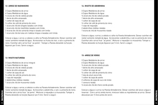 12- ARROZ DE MARINHEIRO                                                                  14- RISOTO DE ABOBRINHA

     3 Copos Medidores de arroz                                                               3 Copos Medidores de arroz
     6 Copos Medidores de água                                                                6 Copos Medidores de água
     ½ xícara de chá de cebola picada                                                         ½ xícara de chá de cebola picada
     1 dente de alho amassado                                                                 1 dente de alho amassado
     1 colher de sopa de sal                                                                  1 colher de sopa de sal
     ½ colher de café de pimenta do reino                                                     ½ colher de café de pimenta do reino
     1 xícara de chá de vongole lavados com limão                                             1 copo de requeijão
     1 xícara de chá de mexilhões lavados com limão                                           2 abobrinhas médias raladas
     2 xícaras de chá de camarão limpo e lavado com limão                                     1 xícara de chá de mussarela ralada
     1 xícara de chá de lulas em rodelas limpas e lavadas com limão
                                                                                              Colocar a água, o arroz, a cebola e o alho na Panela Antiaderente. Deixar cozinhar até
     Colocar a água, o arroz, a cebola e o alho na Panela Antiaderente. Deixar cozinhar até   restar somente metade da água. Acrescentar a abobrinha, o sal e a pimenta do reino.
     restar somente metade da água. Acrescentar os frutos do mar, o sal e a pimenta do        Cozinhar até o arroz ficar “ao ponto”. Misturar o requeijão e a mussarela. Tampar a
     reino. Cozinhar até o arroz ficar “ao ponto”. Tampar a Panela deixando na função         Panela deixando na função Aquecer por 5 min. Servir a seguir.
     Aquecer por 5 min. Servir a seguir.




                                                                                              15- ARROZ DE VERÃO
     13- RISOTO NATUREBA
                                                                                              3 Copos Medidores de arroz
     3 Copos Medidores de arroz integral                                                      6 Copos Medidores de água
     6 Copos Medidores de água                                                                ½ xícara de chá de cebola picada
     ½ xícara de chá de cebola picada                                                         1 dente de alho amassado
     1 dente de alho amassado                                                                 1 colher de sopa de sal
     1 colher de sopa de sal                                                                  ½ colher de café de pimenta do reino
     ½ colher de café de pimenta do reino                                                     1 lata de atum escorrido
     1 copo de requeijão                                                                      1 colher de sopa de azeite
     2 abobrinhas médias raladas                                                              2 colheres de sopa de suco de limão
     1 xícara de chá de mussarela ralada                                                      1 cenoura ralada
                                                                                              ½ xícara de chá de cheiro verde picado
     Colocar a água, o arroz, a cebola e o alho na Panela Antiaderente. Deixar cozinhar até
     restar somente metade da água. Acrescentar a abobrinha, o sal e a pimenta do reino.      Colocar a água e o arroz na Panela Antiaderente. Deixar cozinhar até secar a água e
     Cozinhar até o arroz ficar “ao ponto”. Misturar o requeijão e a mussarela. Tampar a      reservar. Com o arroz ainda morno, misturar todos os ingredientes ao arroz. Deixar
     Panela deixando na função Aquecer por 5 min. Servir a seguir.                            descansar por ½ hora antes de servir.



15                                                                                                                                                                                     16
 