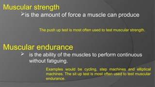Muscular strength
is the amount of force a muscle can produce
The push up test is most often used to test muscular strength.
Muscular endurance
 is the ability of the muscles to perform continuous
without fatiguing.
Examples would be cycling, step machines and elliptical
machines. The sit up test is most often used to test muscular
endurance.
 