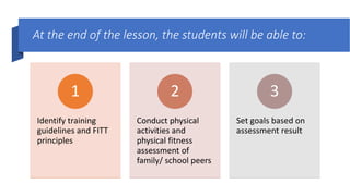At the end of the lesson, the students will be able to:
Identify training
guidelines and FITT
principles
1
Conduct physical
activities and
physical fitness
assessment of
family/ school peers
2
Set goals based on
assessment result
3
 