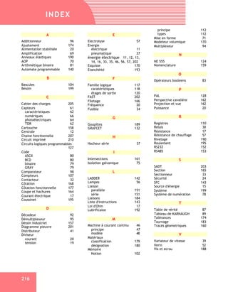 INDEX
                                                                          principe                112
               A                                    E                     types                   112
                                                                        Mise en forme              71
Additionneur                 96    Electrolyse                    57    Modeleur volumique        170
Ajustement                  174    Energie                              Multiplexeur               94
Alimentation stabilisée      20      électrique                    11
Amplification                69      pneumatique                   27                   N
Anneaux élastiques          190    énergie électrique 11, 12, 13,
AOP                          70      14, 16, 33, 35, 46, 56, 57, 202    NE 555                    124
Arithmétique binaire         81    Esquisse                       170   Nomenclature              159
Automate programmable       140    Etanchéité                     193
                                                                                       O
               B                                    F
                                                                        Opérateurs booleens       83
Bascules                    104    Famille logique               117
Besoin                      199       caratéristiques            118                    P
                                      étages de sortie           120
               C                   FAST                          202    PAL                       128
                                   Filetage                      166    Perspective cavalière     162
Cahier des charges           205   Fréquence                      20    Projection et vue         162
Capteurs                      61   Fusible                        34    Puissance                  20
  caractéristiques            62
  numériques                  66                                                        R
                                                    G
  photoélectriques            64
  TOR                         62   Goupilles                     189    Registres                 110
Cartouche                    158   GRAFCET                       132    Relais                     30
Centrale                      12                                        Résistance                 17
Chaine fonctionnelle         207                                        Résistance de chauffage    57
                                                    H
Circuit imprimé              210                                        Rivetage                  190
Circuits logiques programmables    Hacheur série                  37    Roulement                 195
                             127                                        RS232                     152
Code                                                I                   RS485                     153
  ASCII                       80
  BCD                         80   Intersections                 161                    S
  binaire                     79   Isolation galvanique           75
  GRAY                        79                                        SADT                      203
Comparateur                   98                    L                   Section                   165
Compteurs                    107                                        Sectionneur                33
Contacteur                    32   LADDER                        142    Sécurité                   24
Côtation                     168   Lampes                         56    SFC                       143
Côtation fonctionnelle       177   Liaison                              Source d'énergie           15
Coupe et hachures            164      parallèle                  151    Système                   199
Courant électrique            17      série                      151    Système de numération      78
Coussinet                    195   Liaisons                      184
                                   Liste d'instructions          143                    T
                                   Loi d'Ohm                      17
               D                   Lubrificaion                  192    Table de vérité            87
Décodeur                     92                                         Tableau de KARNAUGH        89
Démultiplexeur               95                    M                    Tolérances                174
Dessin industriel           157                                         Tournage                  183
Diagramme pieuvre           201    Machine à courant continu      46    Tracés géometriques       160
Distributeur                 41      principe                     47
Diviseur                             modèle                       48                    V
  courant                    20    Matériaux
                                     classification              179    Variateur de vitesse       39
  tension                    19
                                     désignation                 180    Verin                      52
                                   Mémoire                              Vis et ecrou              188
                                     Notion                      102




216
 