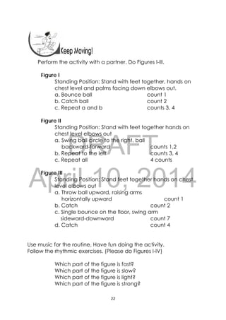 DRAFT
April 10, 2014
22 
 
 
Perform the activity with a partner. Do Figures I-III.
Figure I
Standing Position: Stand with feet together, hands on
chest level and palms facing down elbows out.
a. Bounce ball count 1
b. Catch ball count 2
c. Repeat a and b counts 3, 4
Figure II
Standing Position: Stand with feet together hands on
chest level elbows out
a. Swing ball circle to the right, ball
backward-forward counts 1,2
b. Repeat to the left counts 3, 4
c. Repeat all 4 counts
Figure III
Standing Position: Stand feet together hands on chest
level elbows out
a. Throw ball upward, raising arms
horizontally upward count 1
b. Catch count 2
c. Single bounce on the floor, swing arm
sideward-downward count 7
d. Catch count 4
Use music for the routine. Have fun doing the activity.
Follow the rhythmic exercises. (Please do Figures I-IV)
Which part of the figure is fast?
Which part of the figure is slow?
Which part of the figure is light?
Which part of the figure is strong?
 