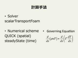 Ӌ?ַ
?? Solver
scalarTransportFoam
?? Numerical ?scheme
QUICK ?(spatial)
steadyState ?(time)
?? Governing	
 ?Equa9on	
d
dx
uT( )=
d
dx

dT
dx
!
"
#
$
%
&
 
