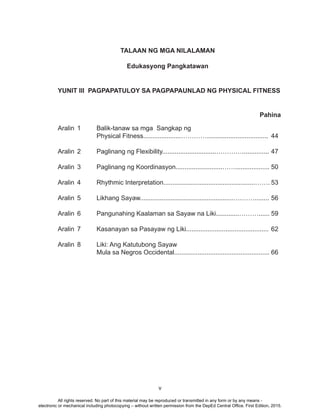 v
YUNIT III PAGPAPATULOY SA PAGPAPAUNLAD NG PHYSICAL FITNESS
Aralin 1 Balik-tanaw sa mga Sangkap ng
Physical Fitness.....................………….................................. 44
Aralin 2 Paglinang ng Flexibility..............................…………............... 47
Aralin 3 Paglinang ng Koordinasyon..........................……................... 50
Aralin 4 Rhythmic Interpretation...................................................……. 53
Aralin 5 Likhang Sayaw....................................................….……........ 56
Aralin 6 Pangunahing Kaalaman sa Sayaw na Liki.............………...... 59
Aralin 7 Kasanayan sa Pasayaw ng Liki.............................................. 62
Aralin 8 Liki: Ang Katutubong Sayaw
Mula sa Negros Occidental..................................................... 66
Pahina
TALAAN NG MGA NILALAMAN
Edukasyong Pangkatawan
All rights reserved. No part of this material may be reproduced or transmitted in any form or by any means -
electronic or mechanical including photocopying – without written permission from the DepEd Central Office. First Edition, 2015.
 