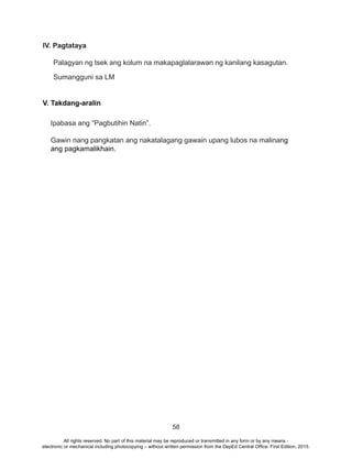 58
IV. Pagtataya
Palagyan ng tsek ang kolum na makapaglalarawan ng kanilang kasagutan.
Sumangguni sa LM
V. Takdang-aralin
Ipabasa ang “Pagbutihin Natin”.
Gawin nang pangkatan ang nakatalagang gawain upang lubos na malinang
ang pagkamalikhain.
All rights reserved. No part of this material may be reproduced or transmitted in any form or by any means -
electronic or mechanical including photocopying – without written permission from the DepEd Central Office. First Edition, 2015.
 