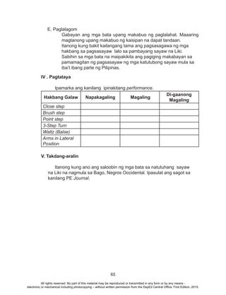 65
E. Paglalagom
Gabayan ang mga bata upang makabuo ng paglalahat. Maaaring
magtanong upang makabuo ng kaisipan na dapat tandaan.
Itanong kung bakit kailangang tama ang pagsasagawa ng mga
hakbang sa pagsasayaw lalo sa pambayang sayaw na Liki.
Sabihin sa mga bata na maipakikita ang pagiging makabayan sa
pamamagitan ng pagsasayaw ng mga katutubong sayaw mula sa
iba’t ibang parte ng Pilipinas.
IV . Pagtataya
	 Ipamarka ang kanilang ipinakitang performance.
Hakbang Galaw Napakagaling Magaling
Di-gaanong
Magaling
Close step
Brush step
Point step
3-Step Turn
Waltz (Balse)
Arms in Lateral
Position
V. Takdang-aralin
	 Itanong kung ano ang saloobin ng mga bata sa natutuhang sayaw
na Liki na nagmula sa Bago, Negros Occidental. Ipasulat ang sagot sa
kanilang PE Journal.
All rights reserved. No part of this material may be reproduced or transmitted in any form or by any means -
electronic or mechanical including photocopying – without written permission from the DepEd Central Office. First Edition, 2015.
 