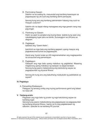 67
	 B. Panimulang Gawain
Sabihin na sa araling ito, masusukat ang kanilang kasanayan sa
pagsasayaw ng Liki suot ang kanilang damit pansayaw.
Itanong kung ano ang kanilang pakiramdam habang may suot na
Visayan costume?
Sabihin din na dapat nilang maisagawa ang mga gawain nang may
pag-iingat.
	 C. Panlinang na Gawain
Hatiin sa apat na pangkat ang buong klase. Ipakita kung saan ang
nakatalagang lugar para sa kanila. Sumangguni sa LM para sa
diagram.
	 D. Paglalapat
Ipabasa ang “Gawin Natin”.
Ipaintindi sa mga bata ang kanilang gagawin upang maayos ang
pagkakasunod-sunod sa pagsasayaw.
Gamit ang 3-point scale sa LM magmamarkahan ang magkapareha
na sinusunod ang pamantayan.
	 E. Paglalagom
Gabayan ang mga bata upang makabuo ng paglalahat. Maaaring
magtanong upang makabuo ng kaisipan na dapat tandaan.
Itanong kung paano makatutulong ang katutubong sayaw sa
pagpapaunlad ng physical fitness.
Itanong din kung ano ang kabutihang maidudulot ng pakikilahok sa
sayaw?
IV. Pagtataya
A. Pansariling Ebalwasyon
Palagyan ng tamang smiley ang inyong performance gamit ang talaan
na nasa LM.
V . Takdang-aralin
Pagawain ang mga bata ng poster ng mga katutubong sayaw sa
kanilang lugar.
Itanong kung paano makatutulong ang pagsasayaw sa pagpapaunlad
ng kanilang physical fitness. Isama na rin ang paglalarawan ng
saloobin. Ipasulat ito sa kanilang PE journal.
All rights reserved. No part of this material may be reproduced or transmitted in any form or by any means -
electronic or mechanical including photocopying – without written permission from the DepEd Central Office. First Edition, 2015.
 