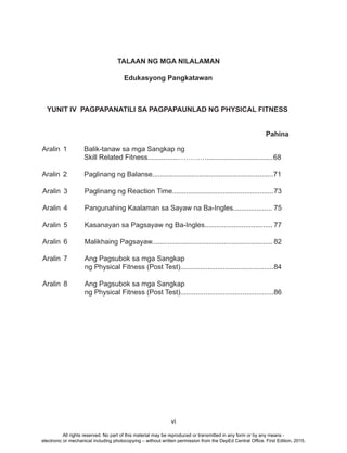 vi
Aralin 3 Paglinang ng Reaction Time....................................................73
Aralin 4 Pangunahing Kaalaman sa Sayaw na Ba-Ingles.................... 75
Aralin 5 Kasanayan sa Pagsayaw ng Ba-Ingles...................................77
Aralin 6 Malikhaing Pagsayaw..............................................................82
Aralin 7 Ang Pagsubok sa mga Sangkap
ng Physical Fitness (Post Test)................................................84
Aralin 8 Ang Pagsubok sa mga Sangkap
ng Physical Fitness (Post Test)................................................86
TALAAN NG MGA NILALAMAN
Edukasyong Pangkatawan
YUNIT IV PAGPAPANATILI SA PAGPAPAUNLAD NG PHYSICAL FITNESS
Aralin 1 Balik-tanaw sa mga Sangkap ng
Skill Related Fitness................…………..................................68
Aralin 2 Paglinang ng Balanse..............................................................71
Pahina
All rights reserved. No part of this material may be reproduced or transmitted in any form or by any means -
electronic or mechanical including photocopying – without written permission from the DepEd Central Office. First Edition, 2015.
 