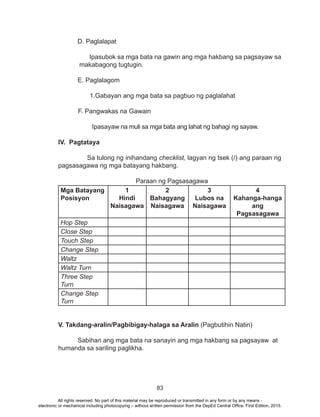 83
	 D. Paglalapat
	 Ipasubok sa mga bata na gawin ang mga hakbang sa pagsayaw sa
	 makabagong tugtugin.
E. Paglalagom
1.Gabayan ang mga bata sa pagbuo ng paglalahat
F. Pangwakas na Gawain
	 Ipasayaw na muli sa mga bata ang lahat ng bahagi ng sayaw.
IV. Pagtataya
	 Sa tulong ng inihandang checklist, lagyan ng tsek (/) ang paraan ng
pagsasagawa ng mga batayang hakbang.
			Paraan ng Pagsasagawa
Mga Batayang
Posisyon
1
Hindi
Naisagawa
2
Bahagyang
Naisagawa
3
Lubos na
Naisagawa
4
Kahanga-hanga
ang
Pagsasagawa
Hop Step
Close Step
Touch Step
Change Step
Waltz
Waltz Turn
Three Step
Turn
Change Step
Turn
V. Takdang-aralin/Pagbibigay-halaga sa Aralin (Pagbutihin Natin)
Sabihan ang mga bata na sanayin ang mga hakbang sa pagsayaw at
humanda sa sariling paglikha.
All rights reserved. No part of this material may be reproduced or transmitted in any form or by any means -
electronic or mechanical including photocopying – without written permission from the DepEd Central Office. First Edition, 2015.
 
