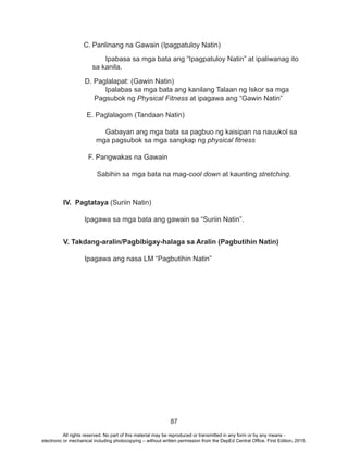87
C.	Panlinang na Gawain (Ipagpatuloy Natin)
		 Ipabasa sa mga bata ang “Ipagpatuloy Natin” at ipaliwanag ito
sa kanila.
D. Paglalapat: (Gawin Natin)
		 Ipalabas sa mga bata ang kanilang Talaan ng Iskor sa mga
	 Pagsubok ng Physical Fitness at ipagawa ang “Gawin Natin”
E. Paglalagom (Tandaan Natin)
		
		 Gabayan ang mga bata sa pagbuo ng kaisipan na nauukol sa 	
	 mga pagsubok sa mga sangkap ng physical fitness
		
	 F. Pangwakas na Gawain
Sabihin sa mga bata na mag-cool down at kaunting stretching.
IV. Pagtataya (Suriin Natin)
Ipagawa sa mga bata ang gawain sa “Suriin Natin”.
V. Takdang-aralin/Pagbibigay-halaga sa Aralin (Pagbutihin Natin)
	
	 Ipagawa ang nasa LM “Pagbutihin Natin”
All rights reserved. No part of this material may be reproduced or transmitted in any form or by any means -
electronic or mechanical including photocopying – without written permission from the DepEd Central Office. First Edition, 2015.
 