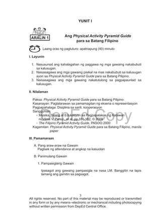 3
DepEd Copy
All rights reserved. No part of this material may be reproduced or transmitted
in any form or by any means--electronic or mechanical including photocopying
without written permission from DepEd Central Office.
YUNIT I
Ang Physical Activity Pyramid Guide
para sa Batang Filipino
Laang oras ng pagtuturo: apatnapung (40) minuto
l. Layunin
1.	 Nasusunod ang kahalagahan ng paggawa ng mga gawaing nakabubuti
sa kalusugan.
2.	 Naisasagawa ang mga gawaing pisikal na mas nakabubuti sa kalusugan
ayon sa Physical Activity Pyramid Guide para sa Batang Pilipino.
3.	 Naisasagawa ang mga gawaing nakatutulong sa pagpapaunlad sa
kalusugan.
ll. Nilalaman
Paksa: Physical Activity Pyramid Guide para sa Batang Pilipino
Kasanayan: Paglalarawan sa pamamagitan ng eksena o representasyon
Pagpapahalaga: Disiplina sa sarili, kooperasyon
Sanggunian:
-	Musika, Sining at Edukasyon sa Pagpapalakas ng Katawan
ni Vilma V. Perez., et al. pp.181-182, © 2009
-	The Filipino Pyramid Activity Guide, PASOO 2000
Kagamitan: Physical Activity Pyramid Guide para sa Batang Filipino, manila
paper 	
lll. Pamamaraan
A. Pang araw-araw na Gawain
Pagtsek ng attendance at angkop na kasuotan
B. Panimulang Gawain
1. Pampasiglang Gawain
Ipasagot ang gawaing pampasigla na nasa LM. Banggitin na lapis
lamang ang gamitin sa pagsagot.
ARALIN 1
 