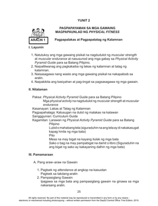 25
YUNIT 2
PAGPAPAYAMAN SA MGA GAWAING
MAGPAPAUNLAD NG PHYSICAL FITNESS
`
Pagpapalakas at Pagpapatatag ng Kalamnan
I. Layunin
1. Natutukoy ang mga gawaing pisikal na nagdudulot ng muscular strength
at muscular endurance at nasusunod ang mga gabay sa Physical Activity
Pyramid Guide para sa Batang Pilipino.
2. Naipaliliwanag ang pagkakaiba ng lakas ng kalamnan at tatag ng
kalamnan.
3. Naisasagawa nang wasto ang mga gawaing pisikal na nakapaloob sa
aralin.
4. Naipakikita ang kasiyahan at pag-iingat sa pagsasagawa ng mga gawain.
II. Nilalaman
Paksa: Physical Activity Pyramid Guide para sa Batang Pilipino
Mga physical activity na nagdudulot ng muscular strength at muscular
endurance
Kasanayan: Lakas at Tatag ng Kalamnan
Pagpapahalaga: Kalusugan na dulot ng malakas na katawan
Sangggunian: Curriculum Guide
Kagamitan: Larawan ng Physical Activity Pyramid Guide para sa Batang
Pilipino
Lubidomahabangtela(siguraduhinnaangtelaaydinakakasugat
kapag hinila ng mga bata)
Pito
Mesa na may bigat na kayang itulak ng mga bata
Sako o bag na may pampabigat na damit o libro (Siguraduhin na
ang bigat ng sako ay kakayaning dalhin ng mga bata)
III. Pamamaraan
A. Pang araw–araw na Gawain
1. Pagtsek ng attendance at angkop na kasuotan
Pagtsek sa takdang-aralin
2. Pampasiglang Gawain
Ipagawa sa mga bata ang pampasiglang gawain na ginawa sa mga
nakaraang aralin.
ARALIN 1
All rights reserved. No part of this material may be reproduced or transmitted in any form or by any means -
electronic or mechanical including photocopying – without written permission from the DepEd Central Office. First Edition, 2015.
 