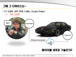 헬스케어 웨어러블 디바이스 적용기술 서비스 사례와 주요과제: 이제관PE
그때 그 디바이스는…
• TV 드라마: 전격 Z작전 (1980, Knight Rider)
 “키트 도와줘
Smart Watch
Smart Car
Wireless Connected
Siri~
웨어러블 새로운 기술인가?
3
 