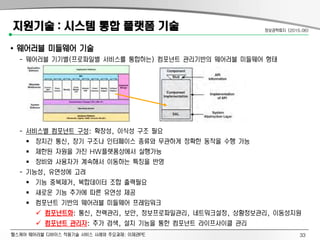 헬스케어 웨어러블 디바이스 적용기술 서비스 사례와 주요과제: 이제관PE
지원기술 : 시스템 통합 플랫폼 기술
• 웨어러블 미들웨어 기술
- 웨어러블 기기별(프로파일별 서비스를 통합하는) 컴포넌트 관리기반의 웨어러블 미들웨어 형태
- 서비스별 컴포넌트 구성: 확장성, 이식성 구조 필요
 장치간 통신, 장기 구조나 인터페이스 종류와 무관하게 정확한 동작을 수행 가능
 제한된 자원을 가진 HW플랫폼상에서 실행가능
 장비와 사용자가 계속해서 이동하는 특징을 반영
- 기능성, 유연성에 고려
 기능 중복제거, 복합데이터 조합 출력필요
 새로운 기능 추가에 따른 유연성 제공
 컴포넌트 기반의 웨어러블 미들웨어 프레임워크
 컴포넌트화: 통신, 전력관리, 보안, 정보프로파일관리, 네트워크설정, 상황정보관리, 이동성지원
 컴포넌트 관리자: 추가 검색, 설치 기능을 통한 컴포넌트 라이프사이클 관리
정보공학회지 (2015.06)
33
 