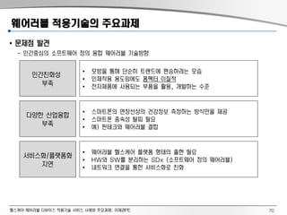헬스케어 웨어러블 디바이스 적용기술 서비스 사례와 주요과제: 이제관PE
웨어러블 적용기술의 주요과제
• 문제점 발견
- 인간중심의 소프트웨어 정의 융합 웨어러블 기술방향
인간친화성
부족
• 모방을 통해 단순히 트랜드에 편승하려는 모습
• 인체작용 용도임에도 폼펙터 이질적
• 전자제품에 사용되는 부품을 활용, 개발하는 수준
다양한 산업융합
부족
• 스마트폰의 연장선상의 건강정보 측정하는 방식만을 제공
• 스마트폰 종속성 탈피 필요
• 예) 핀테크와 웨어러블 결합
서비스화/플랫폼화
지연
• 웨어러블 헬스케어 플랫폼 형태의 출현 필요
• HW와 SW를 분리하는 SDx (소프트웨어 정의 웨어러블)
• 네트워크 연결을 통한 서비스화로 진화
70
 