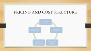 PRICING AND COST STRUCTURE
Low cost
workspace
Unbundled
Product
Bought used
aircraft
Used them for
10.5 hours per day
Advance or on
board ticketing
 