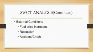 SWOT ANALYSIS(Continued)
• External Conditions
• Fuel price increases
• Recession
• Accident/Crash
 