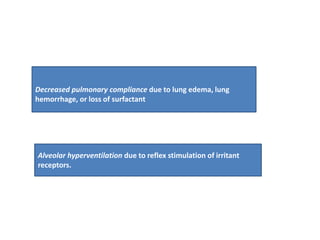 Decreased pulmonary compliance due to lung edema, lung
hemorrhage, or loss of surfactant
Alveolar hyperventilation due to reflex stimulation of irritant
receptors.
 
