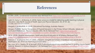 ◦ ACARA. (2019). Fundamental movement skills. Retrieved from https://www.australiancurriculum.edu.au/f-10-
curriculum/health-and-physical-education/Glossary/?term=fundamental+movement+skills
◦ Light, R., Curry, C., & Mooney, A. (2014). Game sense as a model for delivering quality teaching in physical
education. Asia-Pacific Journal of Health, Sport and Physical Education, 5(1), 67-81. doi
10.1080/18377122.2014.868291
◦ Margetts, K. & Woolfolk, A. (2018). Educational Psychology. Australia: Pearson.
◦ Morgan, P. (2008). Teacher Perceptions of Physical Education in the Primary School: Attitudes, Values and
Curriculum Preferences. Physical Educator, 65(1), 46-56. Retrieved from https://search-proquest-
com.ezproxy.uws.edu.au/docview/232998916?accountid=36155&rfr_id=info%3Axri%2Fsid%3Aprimo
◦ NESA. (2018). Personal development, health and physical education K-10 Syllabus. Retrieved from
https://educationstandards.nsw.edu.au/wps/portal/nesa/k-10/learning-areas/pdhpe/pdhpe-k-10-2018
◦ Peterson, C. & Seligman, M. E. P. (2004). Character strengths and virtues: A handbook and classification.
Washington, DC: American Psychological Association.
◦ Van Uum, M.S.J., Peeters, M. & Verhoeff. (2019) Professionalising primary school teachers in guiding inquire-based
learning. Research in Science Education, 1-28. Retrieved from https://doi-org.ezproxy.uws.edu.au/10.1007/s11165-
019-9818-z
References
References
 