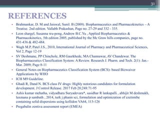 REFERENCES
• Brahmankar, D. M and Jaiswal, Sunil. B (2009). Biopharmaceutics and Pharmacokinetics – A
Treatise. 2nd edition. Vallabh Prakashan, Page no. 27-29 and 332 - 335.
• Leon shargel, Susanna wu-pong, Andrew B.C.Yu , Applied Biopharmaceutics &
Pharmacokinetics, 5th edition 2005, published by the Mc Graw hills companies, page no.
431-436 & 482-484.
• Wagh M.P, Patel J.S., 2010, International Journal of Pharmacy and Pharmaceutical Sciences,
Vol 2, Page 12-19
• SV Deshmane, PP Chinchole, RM Gaurkhede, MA Channawar, AV Chandewar. The
Biopharmaceutics Classification System: A Review. Research J. Pharm. and Tech. 2(1): Jan.-
Mar. 2009; Page 8-11
• General Notes on Biopharmaceutics Classification System (BCS)- based Biowaiver
Applications by WHO
• ICH M9 Guideline.
• Ghadi R, Dand N. BCS class IV drugs: Highly notorious candidates for formulation
development. J Control Release. 2017 Feb 28;248:71-95
• Ashis kumar mehatha, vidyadhara Suryadevara*, sasidhar R lankapalli , abhijit M deshmukh,
laxmana p sambath , 2014, turk j pharm sci, formulation and optimization of ezetimibe
containing solid dispersions using kollidon VA64, 113-126
• Pregabalin zentiva assessment report (EMEA)
31
 