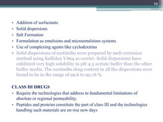 • Addition of surfactants
• Solid dispersions
• Salt Formation
• Formulation as emulsions and microemulsions systems
• Use...