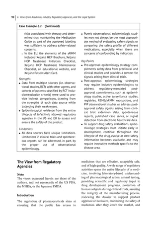 6 Views from Academia, Industry, Regulatory Agencies, and the Legal System
90
­
The View from Regulatory
Agencies
Note
The views expressed herein are those of the
authors, and not necessarily of the US FDA,
the MHRA, or the Japanese PMDA.
Introduction
The regulation of pharmaceuticals aims at
ensuring that the public has access to
­
medicines that are effective, acceptably safe,
and of high quality. A wide range of regulatory
activities spans the entire lifecycle of a medi-
cine, involving laboratory-­
based understand-
ing of pharmacological action, animal testing,
providing scientific and regulatory input to
drug development programs, protection of
human subjects during clinical trials, assuring
the integrity of the manufacturing process,
reviewing the dossier to support product
approval or licensure, monitoring the safety of
medicines after they enter the market, and
risks associated with therapy and deter-
mined that maintaining the Medication
Guide as part of the approved labeling
was sufficient to address safety-­
related
concerns.
⚪
⚪ In the EU, the elements of the aRMM
included Xeljanz HCP Brochure, Xeljanz
HCP Treatment Initiation Checklist,
Xeljanz HCP Treatment Maintenance
Checklist, an educational website, and
Xeljanz Patient Alert Card.
Strengths
●
● Data from multiple sources (i.e. observa-
tional studies, RCTs with other agents, and
cohorts of patients stratified by RCT inclu-
sion/exclusion criteria) were used to pro-
vide indirect comparisons, drawing from
the strengths of each data source while
balancing their weaknesses.
●
● Epidemiological evidence from the entire
lifecycle of tofacitinib allowed regulatory
agencies in the US and EU to assess and
ensure the safety of the product.
Limitations
●
● All data sources have unique limitations.
Limitations in clinical trials and spontane-
ous reports can be addressed, in part, by
the proper use of observational
epidemiology.
●
● Purely observational epidemiologic stud-
ies may not always be the most appropri-
ate method of evaluating safety signals or
comparing the safety profile of different
medications, especially when there are
concerns of confounding by indication.
Key Points
●
● Pre-­
approval epidemiology strategy com-
plements safety data from preclinical and
clinical studies and provides a context for
signals arising from clinical trials.
●
● Post-­
approval epidemiology strategies
may require industry epidemiologists to
address regulatory-­
mandated post-­
approval commitments, such as epidemi-
ology studies, active surveillance studies,
registries, REMS/aRMM evaluations, and
PIP observational studies or address post-­
approval safety signals arising from clini-
cal trial extension data, spontaneous
reports, published case series, or signal
detection from electronic healthcare data.
●
● To support drug safety evaluations, epide-
miologic strategies must initiate early in
development, continue throughout the
lifecycle of the drug, evolve as new safety
information becomes available, and may
require innovative methods specific to the
disease area.
Case Example 6.2 (Continued)
 
