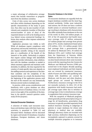 ­Descriptio ﻿ 149
a major advantage of collaborative arrange-
ments that include researchers or program-
mers from the database custodian.
Costs of data access vary across databases
and often within databases depending on the
specific characteristics of the study in ques-
tion. Fees often vary by size (number of indi-
viduals) and complexity (number of files/data
sources/number of years of data) of the
requested dataset as well as by funding source
(e.g. federal versus commercial funding). In-­
house data analysis often imposes substantial
additional costs.
Application processes vary widely as well.
While all databases require compliance with
data privacy and security restrictions, some may
also impose scientific vetting of the research
plan or a justification of the benefit of the
research to the public. Particularly in projects
that require custom linkage with identifiable
patient or provider information, close collabora-
tion with the database custodian is needed to
obtain necessary approvals and maintain confi-
dentiality. In addition, the time required for the
creation of study-­
specific data-­
cuts depends on
the staffing resources and experience at the data-
base custodian and the complexity of the
required dataset. As a result, the duration from
the beginning of the application process until
the start of the research can vary dramatically
between several weeks to multiple years.
In practice, while access considerations and
familiarity with a given database are often
important drivers of database choice, it is vital
never to lose sight of the suitability of the data-
base to the specific research question under
study (fit-­
for-­
purpose).
Selected Encounter Databases
A selection of widely used encounter data-
bases and database types with their basic char-
acteristics is presented in Table 9.2 and
discussed below. Databases will be discussed
by region and include US databases, Canadian
databases, European databases, and Asian
databases.
Encounter Databases in the United
States
US encounter databases are arguably both the
largest databases available and the most frag-
mented worldwide. Unlike most industrial-
ized nations, the US does not have a uniform
health system or universal healthcare cover-
age resulting in databases with characteristics
that differ markedly from databases in the rest
of the world. In 2018, 324 million people, or
92% of the US population had health insur-
ance coverage, with 27 million uninsured.
217 million people had coverage from private
plans (67%), mostly employment-­
based plans
(178 million, 55%). 111 million people (34%)
had coverage from a governmental plan;
58 million by Medicaid (18%), 58 million by
Medicare (18%), and 3 million had coverage
from the Department of Veterans Affairs
Healthcare System (1%). Note that these cen-
sus data-­
based estimates show some inconsist-
encies with the reporting from the Centers for
Medicare and Medicaid Services (CMS) pre-
sented later in the chapter. Broadly speaking,
most employed individuals and their depend-
ents are covered by commercial insurance,
adults 65years and older and qualifying indi-
viduals with disabilities are covered by
Medicare, and the poor and other disadvan-
taged groups are covered by Medicaid.
Furthermore, insurance coverage in the US is
not mutually exclusive. In 2018, 15% of the
population with health insurance had multi-
ple coverage types either due to switches in
coverage type or due to simultaneous coverage
to supplement their primary insurance type.
With the exception of Medicaid programs,
which generally provide prescription drug cov-
erage for all beneficiaries, prescription drug
insurance is typically provided separately from
medical insurance resulting in subgroups of
patients in major databases for whom only
pharmacy or medical data are available.
Although pharmacy claims are recorded with
high accuracy, medication dispensing can be
incompletely captured in patients covered by
multiple insurance programs or in instances
 