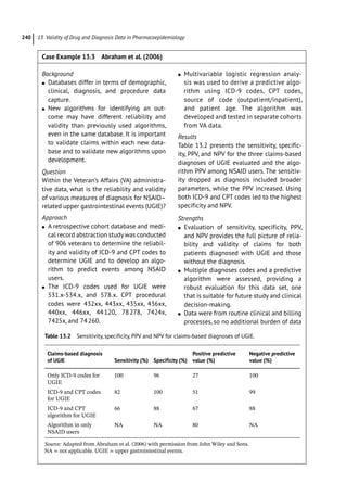13 Validity of Drug and Diagnosis Data in Pharmacoepidemiology
240
Case Example 13.3 Abraham et al. (2006)
Background
●
● Databases differ in terms of demographic,
clinical, diagnosis, and procedure data
capture.
●
● New algorithms for identifying an out-
come may have different reliability and
validity than previously used algorithms,
even in the same database. It is important
to validate claims within each new data-
base and to validate new algorithms upon
development.
Question
Within the Veteran’s Affairs (VA) administra-
tive data, what is the reliability and validity
of various measures of diagnosis for NSAID–
related upper gastrointestinal events (UGIE)?
Approach
●
● A retrospective cohort database and medi-
cal record abstraction study was conducted
of 906 veterans to determine the reliabil-
ity and validity of ICD-­
9 and CPT codes to
determine UGIE and to develop an algo-
rithm to predict events among NSAID
users.
●
● The ICD-­
9 codes used for UGIE were
531.x-­
534.x, and 578.x. CPT procedural
codes were 432xx, 443xx, 435xx, 436xx,
440xx, 446xx, 44120, 78278, 7424x,
7425x, and 74260.
●
● Multivariable logistic regression analy-
sis was used to derive a predictive algo-
rithm using ICD-­
9 codes, CPT codes,
source of code (outpatient/inpatient),
and patient age. The algorithm was
developed and tested in separate cohorts
from VA data.
Results
Table 13.2 presents the sensitivity, specific-
ity, PPV, and NPV for the three claims-­
based
diagnoses of UGIE evaluated and the algo-
rithm PPV among NSAID users. The sensitiv-
ity dropped as diagnosis included broader
parameters, while the PPV increased. Using
both ICD-­
9 and CPT codes led to the highest
specificity and NPV.
Strengths
●
● Evaluation of sensitivity, specificity, PPV,
and NPV provides the full picture of relia-
bility and validity of claims for both
patients diagnosed with UGIE and those
without the diagnosis.
●
● Multiple diagnoses codes and a predictive
algorithm were assessed, providing a
robust evaluation for this data set, one
that is suitable for future study and clinical
decision-­making.
●
● Data were from routine clinical and billing
processes, so no additional burden of data
Table 13.2 Sensitivity, specificity, PPV and NPV for claims-­
based diagnoses of UGIE.
Claims-­
based diagnosis
of UGIE Sensitivity (%) Specificity (%)
Positive predictive
value (%)
Negative predictive
value (%)
Only ICD-­
9 codes for
UGIE
100 96 27 100
ICD-­
9 and CPT codes
for UGIE
82 100 51 99
ICD-­
9 and CPT
algorithm for UGIE
66 88 67 88
Algorithm in only
NSAID users
NA NA 80 NA
Source: Adapted from Abraham et al. (2006) with permission from John Wiley and Sons.
NA = not applicable. UGIE = upper gastrointestinal events.
 