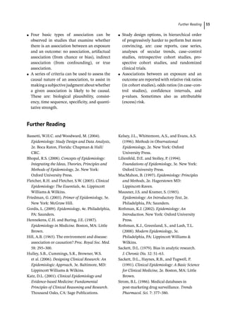 Further Reading ﻿ 33
●
● Four basic types of association can be
observed in studies that examine whether
there is an association between an exposure
and an outcome: no association, artifactual
association (from chance or bias), indirect
association (from confounding), or true
association.
●
● A series of criteria can be used to assess the
causal nature of an association, to assist in
making a subjective judgment about whether
a given association is likely to be causal.
These are: biological plausibility, consist-
ency, time sequence, specificity, and quanti-
tative strength.
●
● Study design options, in hierarchical order
of progressively harder to perform but more
convincing, are: case reports, case series,
analyses of secular trends, case–control
studies, retrospective cohort studies, pro-
spective cohort studies, and randomized
clinical trials.
●
● Associations between an exposure and an
outcome are reported with relative risk ratios
(in cohort studies), odds ratios (in case–con-
trol studies), confidence intervals, and
p-­
values. Sometimes also as attributable
(excess) risk.
Further Reading
Bassetti, W.H.C. and Woodward, M. (2004).
Epidemiology: Study Design and Data Analysis,
2e. Boca Raton, Florida: Chapman  Hall/
CRC.
Bhopal, R.S. (2008). Concepts of Epidemiology:
Integrating the Ideas, Theories, Principles and
Methods of Epidemiology, 2e. New York:
Oxford University Press.
Fletcher, R.H. and Fletcher, S.W. (2005). Clinical
Epidemiology: The Essentials, 4e. Lippincott
Williams  Wilkins.
Friedman, G. (2003). Primer of Epidemiology, 5e.
New York: McGraw Hill.
Gordis, L. (2009). Epidemiology, 4e. Philadelphia,
PA: Saunders.
Hennekens, C.H. and Buring, J.E. (1987).
Epidemiology in Medicine. Boston, MA: Little
Brown.
Hill, A.B. (1965). The environment and disease:
association or causation? Proc. Royal Soc. Med.
58: 295–300.
Hulley, S.B., Cummings, S.R., Browner, W.S.
et al. (2006). Designing Clinical Research: An
Epidemiologic Approach, 3e. Baltimore, MD:
Lippincott Williams  Wilkins.
Katz, D.L. (2001). Clinical Epidemiology and
Evidence-­
based Medicine: Fundamental
Principles of Clinical Reasoning and Research.
Thousand Oaks, CA: Sage Publications.
Kelsey, J.L., Whittemore, A.S., and Evans, A.S.
(1996). Methods in Observational
Epidemiology, 2e. New York: Oxford
University Press.
Lilienfeld, D.E. and Stolley, P. (1994).
Foundations of Epidemiology, 3e. New York:
Oxford University Press.
MacMahon, B. (1997). Epidemiology: Principles
and Methods, 2e. Hagerstown MD:
Lippincott-­
Raven.
Mausner, J.S. and Kramer, S. (1985).
Epidemiology: An Introductory Text, 2e.
Philadelphia, PA: Saunders.
Rothman, K.J. (2002). Epidemiology: An
Introduction. New York: Oxford University
Press.
Rothman, K.J., Greenland, S., and Lash, T.L.
(2008). Modern Epidemiology, 3e.
Philadelphia, PA: Lippincott Williams 
Wilkins.
Sackett, D.L. (1979). Bias in analytic research.
J. Chronic Dis. 32: 51–63.
Sackett, D.L., Haynes, R.B., and Tugwell, P.
(1991). Clinical Epidemiology: A Basic Science
for Clinical Medicine, 2e. Boston, MA: Little
Brown.
Strom, B.L. (1986). Medical databases in
post-­
marketing drug surveillance. Trends
Pharmacol. Sci. 7: 377–380.
 