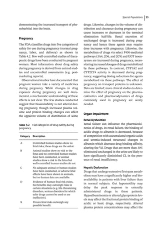 ­Special Population ﻿ 55
­
demonstrating the increased transport of phe-
nobarbital into the brain.
Pregnancy
The FDA classifies drugs into five categories of
safety for use during pregnancy (normal preg-
nancy, labor, and delivery) as shown in
Table 4.2. Few well-­
controlled studies of thera-
peutic drugs have been conducted in pregnant
women. Most information about drug safety
during pregnancy is derived from animal stud-
ies and uncontrolled assessments (e.g. post-­
marketing reports).
Observational studies have documented that
pregnant women take a variety of medicines
during pregnancy. While changes in drug
exposure during pregnancy are well docu-
mented, a mechanistic understanding of these
effects is not clear. The few studies conducted
suggest that bioavailability is not altered dur-
ing pregnancy, though increased plasma vol-
ume and protein binding changes can affect
the apparent volume of distribution of some
drugs. Likewise, changes in the volume of dis-
tribution and clearance during pregnancy can
cause increases or decreases in the terminal
elimination half-­
life. Renal excretion of
unchanged drugs is increased during preg-
nancy and hence these agents may require
dose increases with pregnancy. Likewise, the
metabolism of drugs via select P450-­
mediated
pathways (3A4, 2D6, and 2C9) and UGT isoen-
zymes are increased during pregnancy, neces-
sitatingincreaseddosagesof drugsmetabolized
by these pathways. In contrast, CYP1A2 and
CYP2C19 activity is decreased during preg-
nancy, suggesting dosing reductions for agents
metabolized via these pathways. The effect of
pregnancy on transport proteins is unknown.
Data are limited; more clinical studies to deter-
mine the effect of pregnancy on the pharma-
cokinetics and pharmacodynamics of drugs
commonly used in pregnancy are sorely
needed.
Organ Impairment
Renal Dysfunction
Renal failure can influence the pharmacoki-
netics of drugs. In renal failure, the binding of
acidic drugs to albumin is decreased, because
of competition with accumulated organic acids
and uremia-­
induced structural changes in
albumin which decrease drug binding affinity,
altering the Vd. Drugs that are more than 30%
eliminated unchanged in the urine are likely to
have significantly diminished CL in the pres-
ence of renal insufficiency.
Hepatic Dysfunction
Drugs that undergo extensive first-­
pass metab-
olism may have a significantly higher oral bio-
availability in patients with liver failure than
in normal subjects. Gut hypomotility may
delay the peak response to enterally
­
administered drugs in these patients.
Hypoalbuminemia or altered glycoprotein lev-
els may affect the fractional protein binding of
acidic or basic drugs, respectively. Altered
plasma protein concentrations may affect the
Table 4.2 FDA categories of drug safety during
pregnancy.
Category Description
A Controlled human studies show no
fetal risks; these drugs are the safest.
B Animal studies show no risk to the
fetus and no controlled human studies
have been conducted, or animal
studies show a risk to the fetus but
well-­
controlled human studies do not.
C No adequate animal or human studies
have been conducted, or adverse fetal
effects have been shown in animals,
but no human data are available.
D Evidence of human fetal risk exists,
but benefits may outweigh risks in
certain situations (e.g. life-­
threatening
disorders, serious disorders for which
safer drugs cannot be used or are
ineffective).
X Proven fetal risks outweigh any
possible benefit.
 