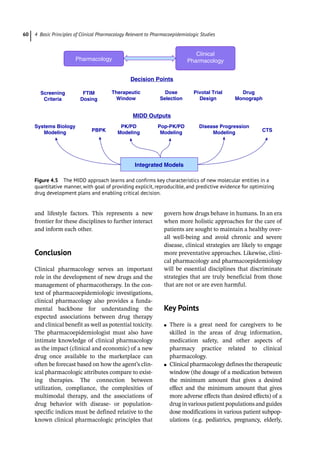 4 Basic Principles of Clinical Pharmacology Relevant to Pharmacoepidemiologic Studies
60
and lifestyle factors. This represents a new
frontier for these disciplines to further interact
and inform each other.
­
Conclusion
Clinical pharmacology serves an important
role in the development of new drugs and the
management of pharmacotherapy. In the con-
text of pharmacoepidemiologic investigations,
clinical pharmacology also provides a funda-
mental backbone for understanding the
expected associations between drug therapy
and clinical benefit as well as potential toxicity.
The pharmacoepidemiologist must also have
intimate knowledge of clinical pharmacology
as the impact (clinical and economic) of a new
drug once available to the marketplace can
often be forecast based on how the agent’s clin-
ical pharmacologic attributes compare to exist-
ing therapies. The connection between
utilization, compliance, the complexities of
multimodal therapy, and the associations of
drug behavior with disease-­ or population-­
specific indices must be defined relative to the
known clinical pharmacologic principles that
govern how drugs behave in humans. In an era
when more holistic approaches for the care of
patients are sought to maintain a healthy over-
all well-­
being and avoid chronic and severe
disease, clinical strategies are likely to engage
more preventative approaches. Likewise, clini-
cal pharmacology and pharmacoepidemiology
will be essential disciplines that discriminate
strategies that are truly beneficial from those
that are not or are even harmful.
­
Key Points
●
● There is a great need for caregivers to be
skilled in the areas of drug information,
medication safety, and other aspects of
­
pharmacy practice related to clinical
pharmacology.
●
● Clinical pharmacology defines the therapeutic
window (the dosage of a medication between
the minimum amount that gives a desired
effect and the minimum amount that gives
more adverse effects than desired effects) of a
drug in various patient ­
populations and guides
dose modifications in various patient subpop-
ulations (e.g. pediatrics, pregnancy, elderly,
Pharmacology
Clinical
Pharmacology
Decision Points
Screening
Criteria
FTIM
Dosing
Therapeutic
Window
Dose
Selection
Pivotal Trial
Design
Drug
Monograph
MIDD Outputs
Systems Biology
Modeling PBPK
PK/PD
Modeling
Pop-PK/PD
Modeling
Disease Progression
Modeling CTS
Integrated Models
Figure 4.5 The MIDD approach learns and confirms key characteristics of new molecular entities in a
quantitative manner, with goal of providing explicit, reproducible, and predictive evidence for optimizing
drug development plans and enabling critical decision.
 