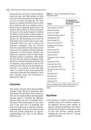 5 When Should One Perform Pharmacoepidemiologic Studies?
70
­
diseases kill the equivalent of three jumbo jet
loads every day; and 3000 children are born
each year with embryopathy from their moth-
ers’ use of alcohol in pregnancy. Yet, these
deaths are accepted with little concern, while
the uncommon risk of an airplane crash or
being struck by lightning generate fear. The
decision about whether to allow isotretinoin
to remain on the market hinged on whether
the efficacy of the drug for a small number of
people who had a disease which was disfigur-
ing but not life-­
threatening was worth the
birth defects that would result in some other
individuals. There is no way to remove this
subjective component from the decision
about the acceptability of risks. Indeed, much
more research is needed to elucidate patients’
preferences in these matters. However, this
subjective component is part of what makes
informed consent so important. Most people
feel that the final subjective judgment about
whether an individual should assume the risk
of ingesting a drug should be made by that
individual, after education by their physician.
However, as an attempt to assist that judg-
ment, it is useful to have some quantitative
information about the risks inherent in some
other activities. Some such information is
presented in Table 5.3.
­
Conclusion
This chapter reviewed when pharmacoepide-
miologic studies should be performed. After
beginning with a discussion of the various rea-
sons why one might perform pharmacoepide-
miologic studies, it reviewed the difference
between safety and risk. It concluded with a
discussion of the determinants of one’s toler-
ance of risk. Now that it is hopefully clear
when one might want to perform a pharma-
coepidemiologic study, the next section of this
book will provide perspectives on pharma-
coepidemiology from some of the different
fields that use it.
­
Key Points
●
● The decision to conduct a pharmacoepide-
miologic study can be viewed as similar to
the regulatory decision about whether to
approve a drug for marketing or the clinical
decision about whether to prescribe a drug.
In each case, decision making involves
weighing the costs and risks of a therapy
against its benefits.
Table 5.3 Annual risks of death from some
selected hazards.
Hazard
Annual death rate
(per 100000 exposed
individuals)
Heart disease (US, 1985) 261.4
Sport parachuting 190
Cancer (US, 1985) 170.5
Cigarette smoking (age 35) 167
Hang gliding (UK) 150
Motorcycling (US) 100
Power boat racing (US) 80
Cerebrovascular disease
(US, 1985)
51.0
Scuba diving (US) 42
Scuba diving (UK) 22
Influenza (UK) 20
Passenger in motor vehicle
(US)
16.7
Suicide (US, 1985) 11.2
Homicide (US, 1985) 7.5
Cave exploration (US) 4.5
Oral contraceptive user (age
25–34)
4.3
Pedestrian (US) 3.8
Bicycling (US) 1.1
Tornados (US) 0.2
Lightning (US) 0.05
Source: data derived from O’Brien (1986), Silverberg
and Lubera (1988), and Urquhart and Heilmann
(1984).
 