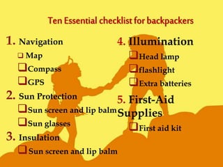 1. Navigation
 Map
Compass
GPS
2. Sun Protection
Sun screen and lip balm
Sun glasses
3. Insulation
Sun screen and lip balm
4. Illumination
Head lamp
flashlight
Extra batteries
5. First-Aid
Supplies
First aid kit
 