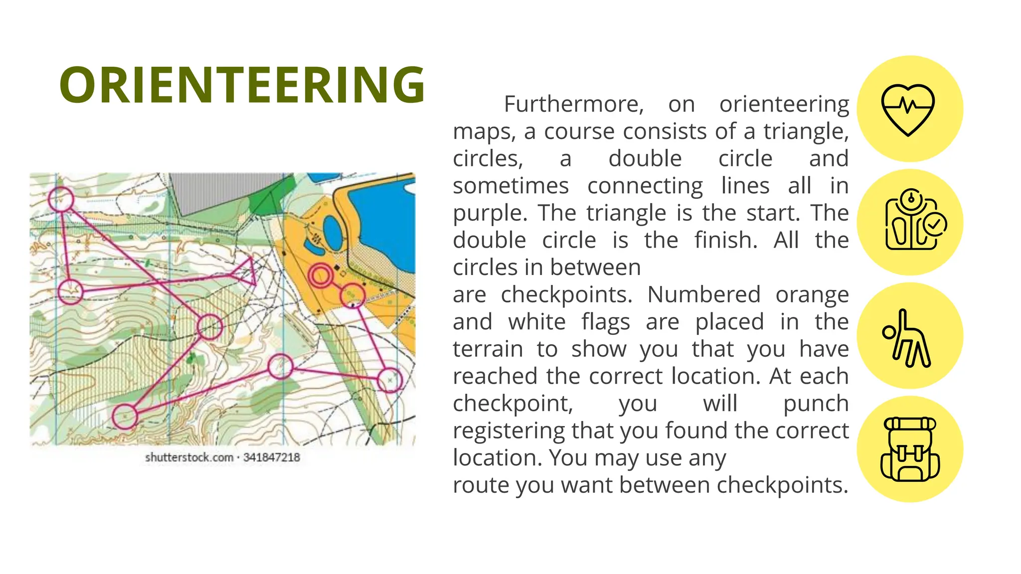 Furthermore, on orienteering
maps, a course consists of a triangle,
circles, a double circle and
sometimes connecting lines all in
purple. The triangle is the start. The
double circle is the finish. All the
circles in between
are checkpoints. Numbered orange
and white flags are placed in the
terrain to show you that you have
reached the correct location. At each
checkpoint, you will punch
registering that you found the correct
location. You may use any
route you want between checkpoints.
ORIENTEERING
 