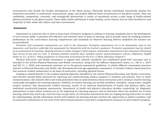 14
environments that benefit the healthy development of the whole person. Physically literate individuals consistently develop the
motivation and ability to understand, communicate, apply, and analyze different forms of movements in the glocal context. They can
confidently, competently, creatively, and strategically demonstrate a variety of movements across a wide range of health-related
physical activities in the glocal context. These skills enable individuals to make healthy, active choices that are both beneficial to and
respectful of their whole self, others, and their environment.
Assessment
Assessment is a process that is used to keep track of learners' progress in relation to learning standards and in the development
of 21st-century skills; to promote self-reflection and motivate them to keep on learning, and to provide bases for profiling students'
performance on the curriculum's learning competencies and standards on whatever learning delivery modalities the learners are
accommodated.
Formative and summative assessments are used in the classroom. Formative assessments are to be dominantly used in the
classroom, and learners undertake the assessment by themselves with the teacher's guidance. Formative assessment may be viewed
as an assessment for learning, allowing teachers to make changes to their lessons. Summative assessment is the evaluation of learning
that occurs at the end of a unit. It assesses whether students have satisfied content and performance criteria. (Reference: DepEd
Order no. 8 s. of 2015, "Policy Guidelines on Classroom Assessment for the K to 12 Basic Education Program”)
Physical Education and Health assessment is aligned with national standards and established grade-level outcomes and is
included in the written Physical Education and Health curriculum, along with the different department orders, i.e., DO 8, s. 2015
and DO 31, s. 2020, and assessment practices set in the general assessment guidelines. It utilizes different assessment practices
relevant to Physical Education and Health, like developmental and age-appropriate assessment. It includes evidence-based practices
that measure student achievement in all areas of instruction, including physical fitness.
Grading is related directly to the student learning objectives identified in the written Physical Education and Health curriculum,
and teachers should follow protocols for reporting and communicating student progress to students and parents. Prior to these
communications, they should collect and track assessment data to make decisions about instruction and to measure student learning
continually throughout the learning sequence. Evidence of student learning can include portfolios, checklists, rating scales, tangible
student products that demonstrate student learning, results of an observed demonstration of health and physical skills, and
traditional constructed-response assessments. Assessment in health and physical education includes conducting: (a.) diagnostic
assessments to learn where students are at the beginning of a learning sequence and to determine where the students are in their
learning, where they need to go, and how they can get there; (b.) formative assessments that are ongoing during instruction to check
for understanding, provide information of how well students are learning and give teachers the opportunity to redirect students; and
(c) summative assessments at the close of the instructional sequence to provide a comprehensive summary of each student’s progress.
 