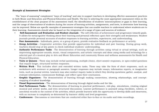 17
Example of Assessment Strategies
The “ways of assessing” complement “ways of teaching” and aim to support teachers in developing effective assessment practices
in both Music and Education and Physical Education and Health. The key to selecting the most appropriate assessment relies on the
establishment of the clear purpose of the assessment itself, the identification of students ’misconceptions or gaps in their learning,
and the usage of observations of students during the course of learning activities, assignments, and tests, to determine how learning
can be improved. Below are specific examples of assessment strategies that can enable teachers to understand where students are in
their learning. Assessments should also be based on the integration of a range of types and sources of evidence.
• Self-Assessment and Evaluation and Student Journals - The self-reflection of achievement and progression towards goals.
It allows for metacognitive thinking about their learning and personal reflection upon their strengths and weaknesses. Student
journals provide personal accounts of student responses to learning activities, experiences, and understanding.
• Peer Assessments - Individuals, peers, or a group of peers, provide evaluative feedback on performance or activity.
• Group Activities - Cooperative activities that provide opportunities for individual and peer learning. During group work,
teachers should stop at key points to check individual students' understanding.
• Authentic Performance Tasks - The demonstration of learning through activities using virtual or actual settings, such as
improvising appropriate sounds, music, visual components, and artistic concepts and ideas using media and technology for a
selected part of a musical play in Arts and Music Education and community fitness and wellness assessments for Health and
Physical Education.
• Tests or Quizzes - These may include verbal questioning, multiple-choice, short-answer responses, or open-ended questions
that require longer, structured written responses.
• Written Work - This includes short and extended written tasks. These may take the form of short responses, such as
worksheets with sentence or paragraph answers. Longer responses may include essays, information reports, or imaginative
texts, such as journal entries. Learners may also conduct inquiry tasks in which they develop questions; gather, analyze, and
evaluate information; communicate findings; and reflect upon their conclusions.
• Graphic Organizers - The demonstration of learning through making connections, showing relationships, and concept-
mapping of student knowledge.
• Visual Representations - The demonstration of learning through digital media and the like.
• Oral Performance Tasks - The demonstration of learning in practical performance, role-play, simulations, creating original
musical and artistic works, and even structured discussions. Learner performance is assessed using checklists, rubrics, or
anecdotal records in the context of the activities, which provide learners with the opportunity to develop skills and awareness,
with an increase in complexity as determined by learners' ability and level progression.
• Conferences - Discussions or interviews that are conducted either face-to-face or via audio and video recordings.
 