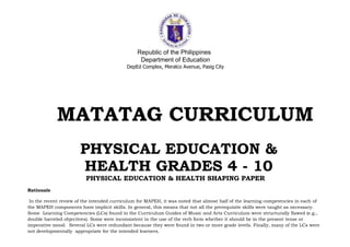 Republic of the Philippines
Department of Education
DepEd Complex, Meralco Avenue, Pasig City
MATATAG CURRICULUM
PHYSICAL EDUCATION &
HEALTH GRADES 4 - 10
PHYSICAL EDUCATION & HEALTH SHAPING PAPER
Rationale
In the recent review of the intended curriculum for MAPEH, it was noted that almost half of the learning competencies in each of
the MAPEH components have implicit skills. In general, this means that not all the prerequisite skills were taught as necessary.
Some Learning Competencies (LCs) found in the Curriculum Guides of Music and Arts Curriculum were structurally flawed (e.g.,
double barreled objectives). Some were inconsistent in the use of the verb form whether it should be in the present tense or
imperative mood. Several LCs were redundant because they were found in two or more grade levels. Finally, many of the LCs were
not developmentally appropriate for the intended learners.
 