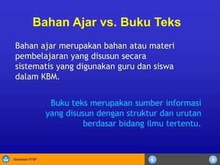 Sosialisasi KTSP
Buku teks merupakan sumber informasi
yang disusun dengan struktur dan urutan
berdasar bidang ilmu tertentu.
Bahan Ajar vs. Buku Teks
Bahan ajar merupakan bahan atau materi
pembelajaran yang disusun secara
sistematis yang digunakan guru dan siswa
dalam KBM.
 
