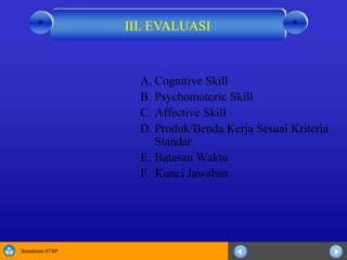 Sosialisasi KTSP
A. Cognitive Skill
B. Psychomotoric Skill
C. Affective Skill
D. Produk/Benda Kerja Sesuai Kriteria
Standar
E. Batasan Waktu
F. Kunci Jawaban
III. EVALUASI **
 