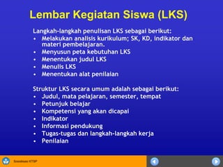 Sosialisasi KTSP
Lembar Kegiatan Siswa (LKS)
Langkah-langkah penulisan LKS sebagai berikut:
• Melakukan analisis kurikulum; SK, KD, indikator dan
materi pembelajaran.
• Menyusun peta kebutuhan LKS
• Menentukan judul LKS
• Menulis LKS
• Menentukan alat penilaian
Struktur LKS secara umum adalah sebagai berikut:
• Judul, mata pelajaran, semester, tempat
• Petunjuk belajar
• Kompetensi yang akan dicapai
• Indikator
• Informasi pendukung
• Tugas-tugas dan langkah-langkah kerja
• Penilaian
 