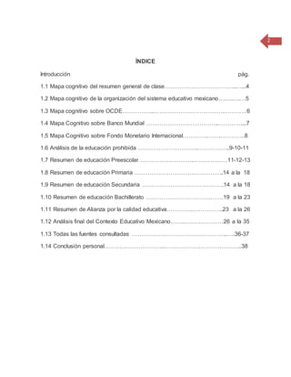 2
ÍNDICE
Introducción pág.
1.1 Mapa cognitivo del resumen general de clase………………………………..…...4
1.2 Mapa cognitivo de la organización del sistema educativo mexicano….….….…5
1.3 Mapa cognitivo sobre OCDE……………..……………………………….…………6
1.4 Mapa Cognitivo sobre Banco Mundial ………………………………..…………....7
1.5 Mapa Cognitivo sobre Fondo Monetario Internacional………….…….………….8
1.6 Análisis de la educación prohibida …………………………..……………..9-10-11
1.7 Resumen de educación Preescolar ……………………….………………11-12-13
1.8 Resumen de educación Primaria ………………………………………..14 a la 18
1.9 Resumen de educación Secundaria …………………………………….14 a la 18
1.10 Resumen de educación Bachillerato …………………………….…….19 a la 23
1.11 Resumen de Alianza por la calidad educativa………….……………..23 a la 26
1.12 Análisis final del Contexto Educativo Mexicano…….…………………26 a la 35
1.13 Todas las fuentes consultadas …………………………………………...….36-37
1.14 Conclusión personal…………………………..…………………………………..38
 