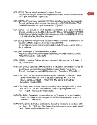 37
SEP, (2011), Plan de estudios educación básica. En red:
http://basica.sep.gob.mx/reformaintegral/sitio/pdf/secundaria/plan/PlanEstud
ios11.pdf consultado 15/julio/2013.
SEP, (2011) a. Programa de estudios 2011.Guía para la educadora de preescolar
En red: http://www.reformapreescolar.sep.gob.mx/ACTUALIZACION/PRO
GRAMA/Preescolar2011.pdf Consultado 10/julio/2013.
SEP (2012). La evaluación en la educación preescolar y la experiencia de la
prueba en aula con la Cartilla de Educación Básica. Consultado 07/31/2013.
Disponible en: http://www.reformapreescolar.sep.gob.mx/pdf/2012/10_EVAL
_Y_EXPERIENCIA_PRUEBA_AULA.pdf
SEP (2013) Reforma integral de la Educación Media Superior. Subsecretaria de
educación Media Superior. Consultado 02/julio/2013
En red: http://www.reforma-iems.sems.gob.mx/wb/riems/los_cuatro_pilares_
de_la_reforma
SEP, (s/f) Alianza por la calidad educativa. En red:
http://www.sep.gob.mx/work/models/sep1/Resource/94567/ALIANZACALID
AD.pdf Consultado 15/julio/2013
UBO, (1999). Unidad de Bolonia, Consejo estudiantil. Declaración de Bolonia 19
de junio de 1999.
UNESCO, (1990). Declaración Mundial sobre la educación para todos y Marco de
acción para satisfacer las necesidades de aprendizaje, Nueva York
En red: http://www.oei.es/efa2000jomtien.htm. Consultado 08/julio/2013
UNESCO, (1995). La educación encierra un tesoro. Informe a la UNESCO de la
Comisión Internacional sobre la educación del Siglo XXI. En red:
http://es.scribd.com/doc/5447235/INFORME-DELORS-UNESCO
Consultado 09/julio/2013.
UNESCO, (2000). Foro Mundial sobre educación (Dakar Senegal del 26 al 28 de
abril del 2000. En red: http://unesdoc.unesco.org/images/0012/001211/
121117s.pdf Consultado 09/julio/2013.
UNESCO, (2008) Estándares de competencias en Tics para docentes. Londres.
En red: http://www.eduteka.org/pdfdir/UNESCOEstandaresDocentes.pdf
Consultado 15/julio/2013.
UNIVERSIA, (2010). Estructura del Sistema Educativo Mexicano. Consultado el 01
de Junio del 2013 en; http://universidadesiberoamericanas.universia.net/
mexico/sistema-educativo/estructura.html
 