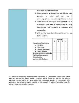 with high level of confidence 
2- Some errors in technique but are able to keep presence of mind and carry on; I encouraged/have been encouraged by my partner 
3- Some errors in technique; more comfortable in starting all over again or backtracking; We may have gotten a bit impatient or frustrated with one another; 
4- I/We needed more time to practice; we can do better next time 
RATING 
1 
2 
3 
4 
Execution of technique Striking 
Blocking 
Stance & posture 
Body shifting 
Timing of strikes & blocks 
Agility of movements 
Coordination 
Variety of techniques 
All photos of PE faculty members of the University of Asia and the Pacific were taken in April 2012 by Mr. Joshua Ben R. Villareal. These photos are his and the module authors’ (Stella Marie M. Urbiztondo and Anamaria Laudet S. Mangubat) sole property. Use of these photos outside of this module is allowed provided that the owners are properly acknowledged. 
