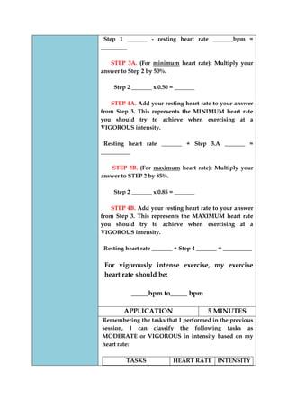 Step 1 _______ - resting heart rate _______bpm = _________ 
STEP 3A. (For minimum heart rate): Multiply your answer to Step 2 by 50%. 
Step 2 _______ x 0.50 = _______ 
STEP 4A. Add your resting heart rate to your answer from Step 3. This represents the MINIMUM heart rate you should try to achieve when exercising at a VIGOROUS intensity. 
Resting heart rate _______ + Step 3.A _______ = __________ 
STEP 3B. (For maximum heart rate): Multiply your answer to STEP 2 by 85%. 
Step 2 _______ x 0.85 = _______ 
STEP 4B. Add your resting heart rate to your answer from Step 3. This represents the MAXIMUM heart rate you should try to achieve when exercising at a VIGOROUS intensity. 
Resting heart rate _______ + Step 4 _______ = __________ 
For vigorously intense exercise, my exercise heart rate should be: 
_____bpm to_____ bpm 
APPLICATION 
5 MINUTES 
Remembering the tasks that I performed in the previous session, I can classify the following tasks as MODERATE or VIGOROUS in intensity based on my heart rate: 
TASKS 
HEART RATE 
INTENSITY  